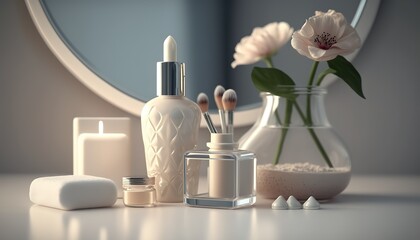 Fototapeta na wymiar Beautiful luxurious bathroom table with cosmetic products, mirror and vase with bouquet of fresh flowers. Hygienic and skincare indoor background concept.
