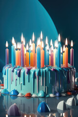 Celebration birthday cake with colorful sprinkles and twenty one colorful birthday candles