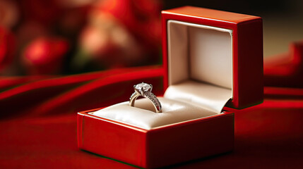 Engagement ring in a red box on a served table for Valentine's Day, birthday, anniversary, wedding close up - obrazy, fototapety, plakaty