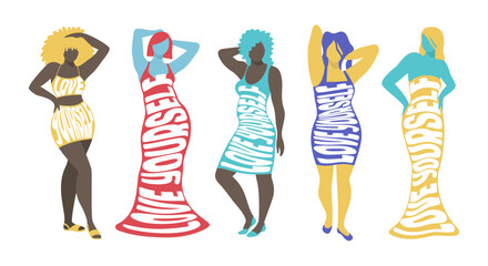 Set of curvy woman in tight clothes with text slogan Love yourself. Diversity. Body positive concept. Hand drawn vector illustration