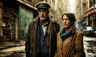 Fototapeta premium Portrait of a two dirty men in with city background - AI generated