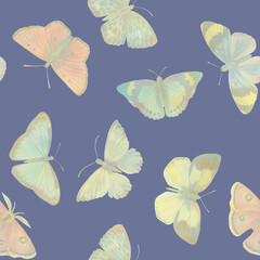 light watercolor butterflies, hand drawn illustration, seamless pattern on a blue background.