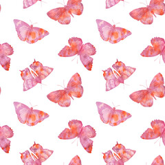 Pink watercolor butterflies on a white background, seamless botanical pattern for polygraphy design