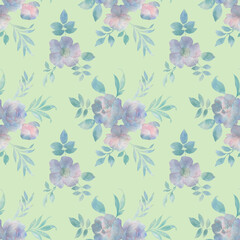 seamless pattern floral bouquet with leaves on a light green background