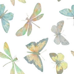 Watercolor butterflies in delicate shades of light yellow. Seamless abstract pattern of butterflies isolated on a white background.
