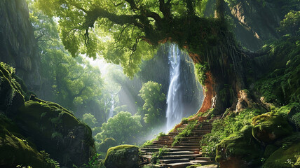 A majestic waterfall flowing from a giant, ancient tree in a mystical forest