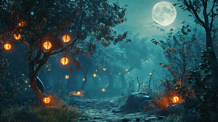 A moonlit grove with trees bearing lantern-like fruits that illuminate the night