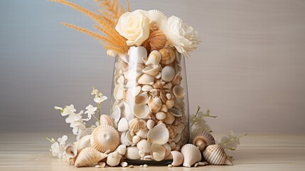 a decorative sand-made vase, adorned with seashells and polished stones, serving as an elegant centerpiece for any home interior. - obrazy, fototapety, plakaty