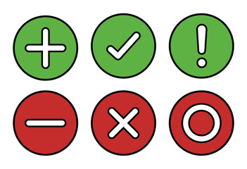 Obraz premium Right, wrong, minus, plus, exclamation and circle mark set in fill and stroke flat style. Right wrong symbol icon simple rounded style. Right, Wrong, Exclamation mark color. Vector Icon.
