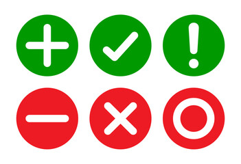 Obraz premium Right, wrong, minus, plus, exclamation and circle mark set flat style in green and red color. Right wrong symbol icon simple rounded style. Right, Wrong, Exclamation mark color. Vector Icon.