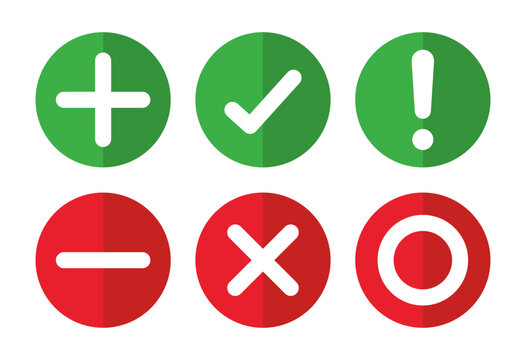 Right, wrong, minus, plus, exclamation and circle mark set in colored minimal style. Right wrong symbol icon two shades style. Right, Wrong, Exclamation mark. Vector Icon.