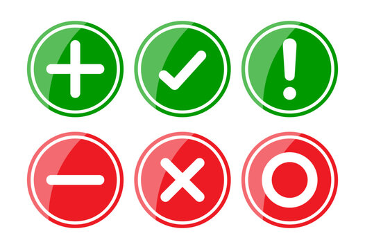 Right, wrong, minus, plus, exclamation and circle mark set in glossy style. Right wrong symbol icon shining style. Right, Wrong, Exclamation mark color. Vector Icon.