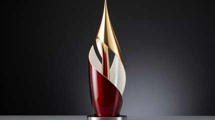 A dynamic cone-shaped award trophy featuring bold tones of crimson and gold, capturing the spirit of achievement and success, showcased against a backdrop of pure white elegance. - obrazy, fototapety, plakaty