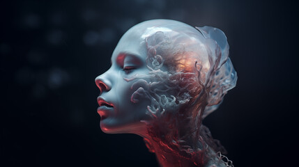 Obraz premium Surrealistisches Portrait einer Frau mit einem Muschel-ähnlichen transluzenten Schädel, - ätherische Stimmung. Dezent neon beleuchtet. Abstrakte surreale Illustration vor dunklem Hintergrund