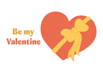 Be My Valentine cute card. Doodle heart with tied gift bow and text. Valentines Day greeting card. February 14 celebration vector flat illustration