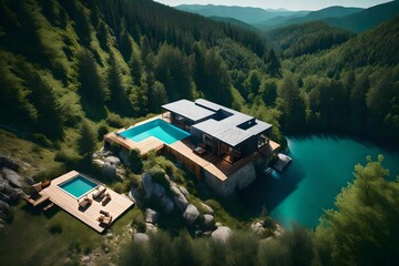 A bird's-eye view of a mobile home with swimming pool parked at the edge of a cliff, offering breathtaking vistas of the forest valley below.