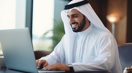 Arab businessman working on laptop - obrazy, fototapety, plakaty