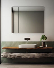 Minimalist bathroom interior. Mirror with a sink on a wooden brown desk against white wall with green accent.