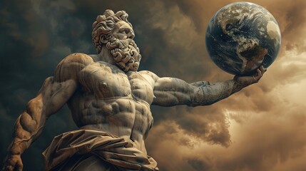 The image features a sculpture-like representation of a muscular mythical figure balancing the Earth on one arm against a dramatic sky.