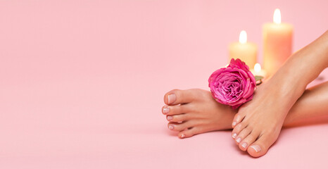 Perfectly done french pedicure on pink background.