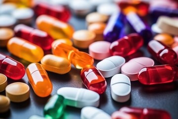 Colorful pills and capsules scattered on a black surface - obrazy, fototapety, plakaty