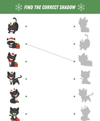 Find correct shadow of cartoon cat. Educational logical game for kids. Funny black kitten. Christmas game. Vector illustration