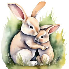 Cute watercolor bunny hugging a baby bunny in grass