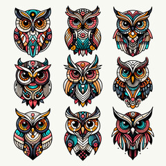set of owls abstract vector illustration