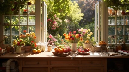 a photograph of a sunlit kitchen, with glass doors opening to a vibrant garden, allowing the natural elements to become an integral part of the interior, where the scent of blooming flowers mingles  - obrazy, fototapety, plakaty