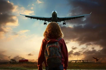 Fotobehang A girl watches an airplane pass over her head. Airplane flying overhead © Neda Asyasi