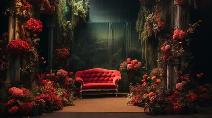 a rich and textured backdrop where vivid red and green shades intermingle, creating an immersive and inviting atmosphere reminiscent of a lush, natural landscape.