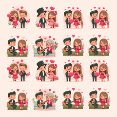 set of romantic couple cartoon vector illustration