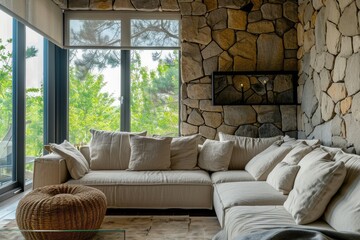 Obraz premium A corner sofa against a window in a room with stone wall cladding. Modern living room in the countryside.