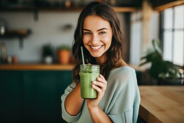 Smiling young woman holding a green smoothie - obrazy, fototapety, plakaty