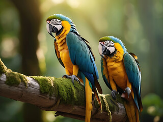 Obraz premium A beautiful macaw perching couple on top mossy stick over far blur green background in shaded sun lighting, amazing nature