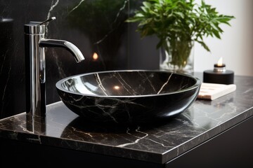 Stylish black marble round vessel sink and chrome faucet. Minimalist interior design of modern bathroom.