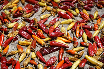 Chili pepper background. Hot red chili peppers are dried in the sun outside. Mexican cuisine, spices, food concept.