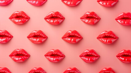 Red lips pattern on pink background, top view. Valentine's day concept - obrazy, fototapety, plakaty