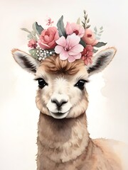 Obraz premium Cute alpaca wearing a floral crown on its head. Watercolor illustration for design, greeting card, template, artwork, wallpaper