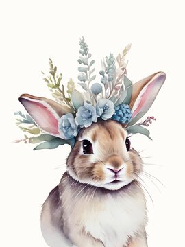 Cute rabbit wearing a flowers wreath on its head. Watercolor illustration for design, greeting card, template, artwork, wallpaper