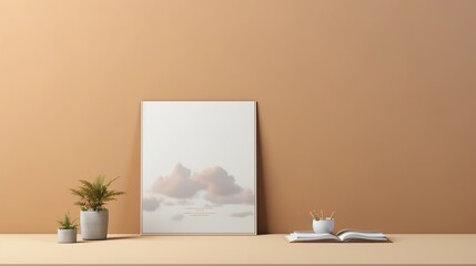 A covered book with a cloudy sky on a brown wall.