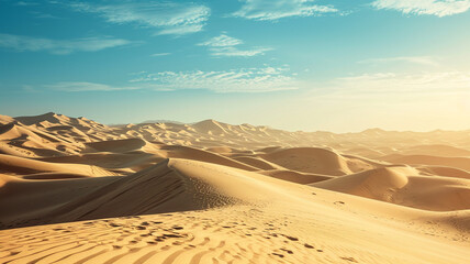 Fototapeta na wymiar A panoramic view of a vast desert with towering sand dunes under a clear blue sky