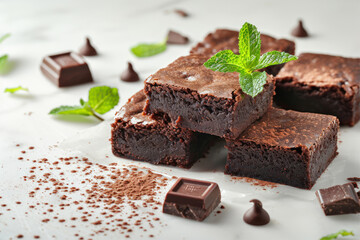 Fototapeta na wymiar Homemade chocolate fudge with mint and chocolate pieces on a light background