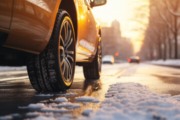 Concept of driving and driving safety. Winter travel. Close-up side view of car automobile wheels with winter tires on a snowy frost slippery road with sun light. Person in front