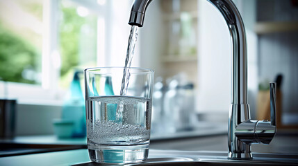 Filling up a glass with clean drinking water from kitchen faucet. Safe to drink tap water.  - obrazy, fototapety, plakaty