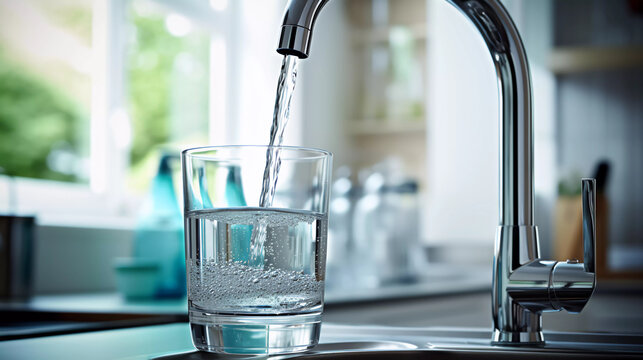 Filling Up A Glass With Clean Drinking Water From Kitchen Faucet. Safe To Drink Tap Water. 