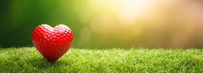 a red heart shaped golf ball sitting on the grass, green blurred background, horizontal banner, copy space for text, valentines of love to golf concept