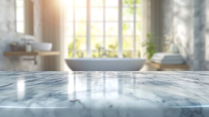 Close up of white marble table in front of blurred bathroom interior. Mock up - obrazy, fototapety, plakaty
