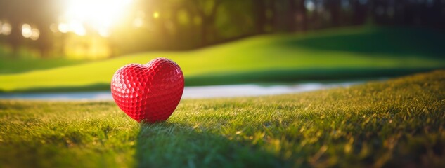 a red heart shaped golf ball sitting on the grass, green blurred background, horizontal banner, copy space for text, valentines of love to golf concept