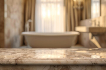 Empty marble table in front of blurred bathroom interior background. For product display